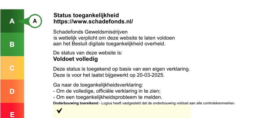 De Schadefonds website heeft een A-status voor toegankelijkheid.