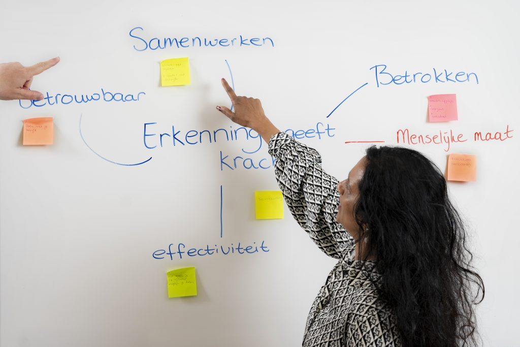 Kernwaarden van het Schadefonds Geweldsmisdrijven, geschreven op een whiteboard.